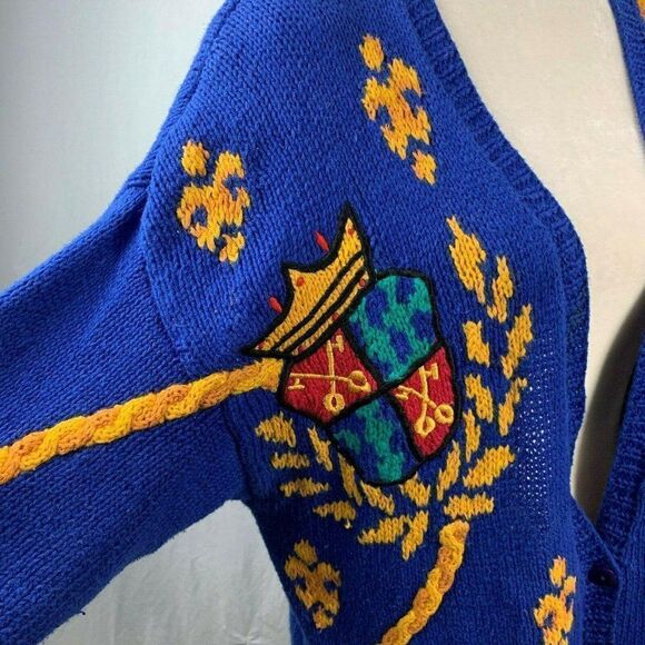 Vintage 80s Hand Knitted Cardigan Sweater M Blue Crest Shoulder Pads Embroidered - Picture 3 of 9